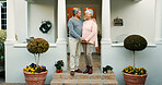 Outdoor, hug and senior couple with smile, home and happy elderly people with mortgage and bonding. Holding hands, old woman and man with commitment to marriage, relationship and pride for new house