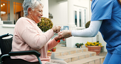 Buy stock photo Coffee, nurse and senior woman in wheelchair in garden at retirement home for relaxing morning. Calm, peace and caregiver helping elderly female patient with cup of green tea for health outdoor.