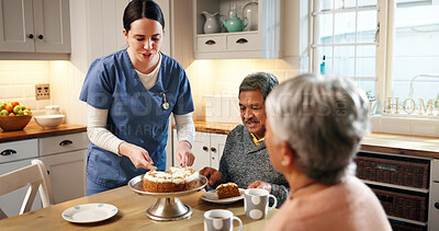 Buy stock photo Cake, home and nurse with senior people for birthday, good news or celebration of treatment success. Dessert, helping and caregiver with elderly couple for party at assisted living house together.