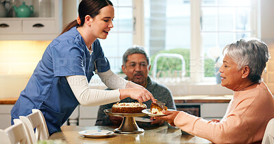 Buy stock photo Cake, home and caregiver with senior people for birthday, good news or celebration of treatment success. Dessert, helping and nurse with elderly couple for party at assisted living house together.