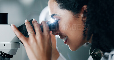 Buy stock photo Scientist, research and woman in lab, microscope and healthcare with vaccine development. Person, smile or employee with assessment for sample, chemistry equipment or medical innovation for treatment