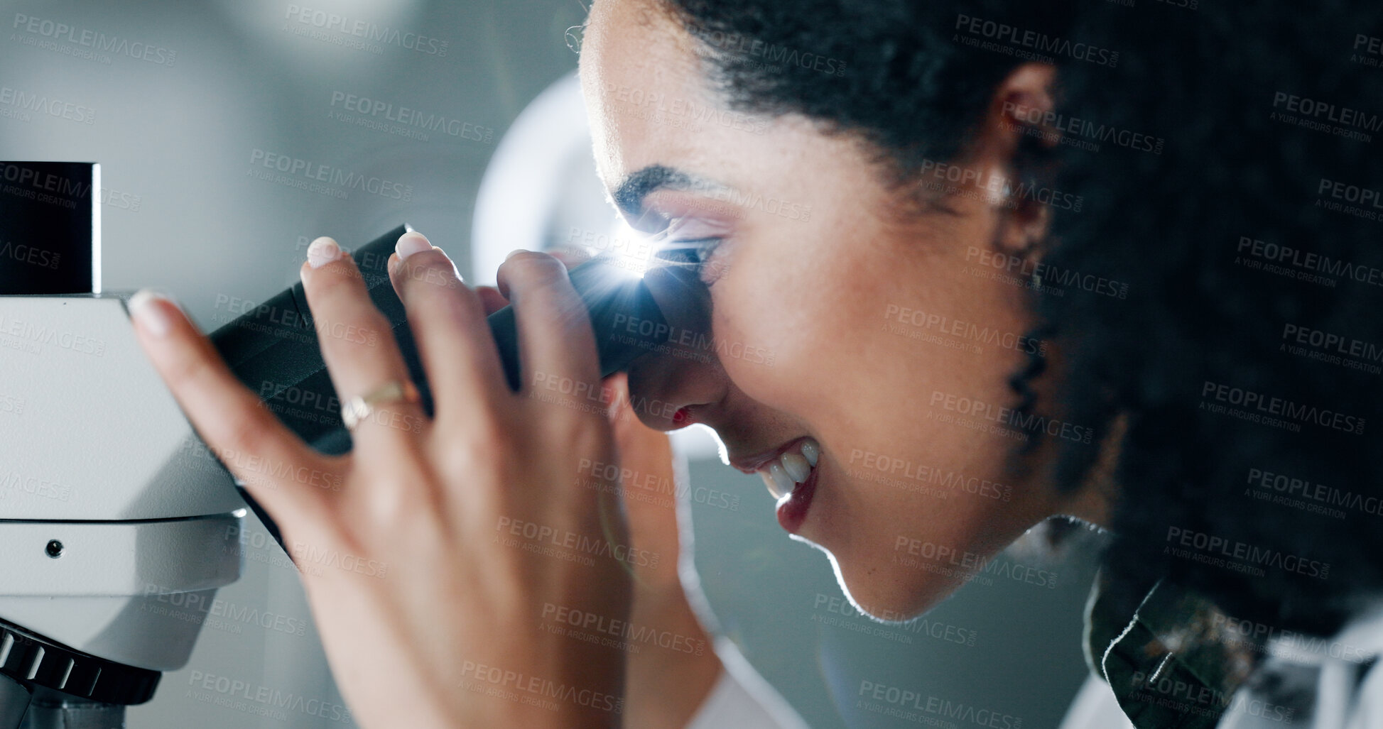 Buy stock photo Scientist, research and woman in lab, microscope and healthcare with vaccine development. Person, smile or employee with assessment for sample, chemistry equipment or medical innovation for treatment