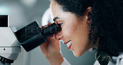 Buy stock photo Science, research and woman with smile, microscope or healthcare with microbiology. Person, bacteria expert or scientist in lab, chemistry equipment or medical innovation with vaccine development