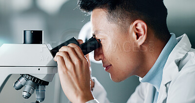 Buy stock photo Healthcare, microscope and research with scientist in laboratory for breakthrough, discovery or innovation. DNA, medical and science with man at work on clinical trial for pharmaceutical engineering