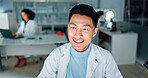 Laboratory, scientist and happy man on laptop for research, medical innovation and discovery. Night, testing results and doctor with smile for pharmaceutical review, medicine report and reading news