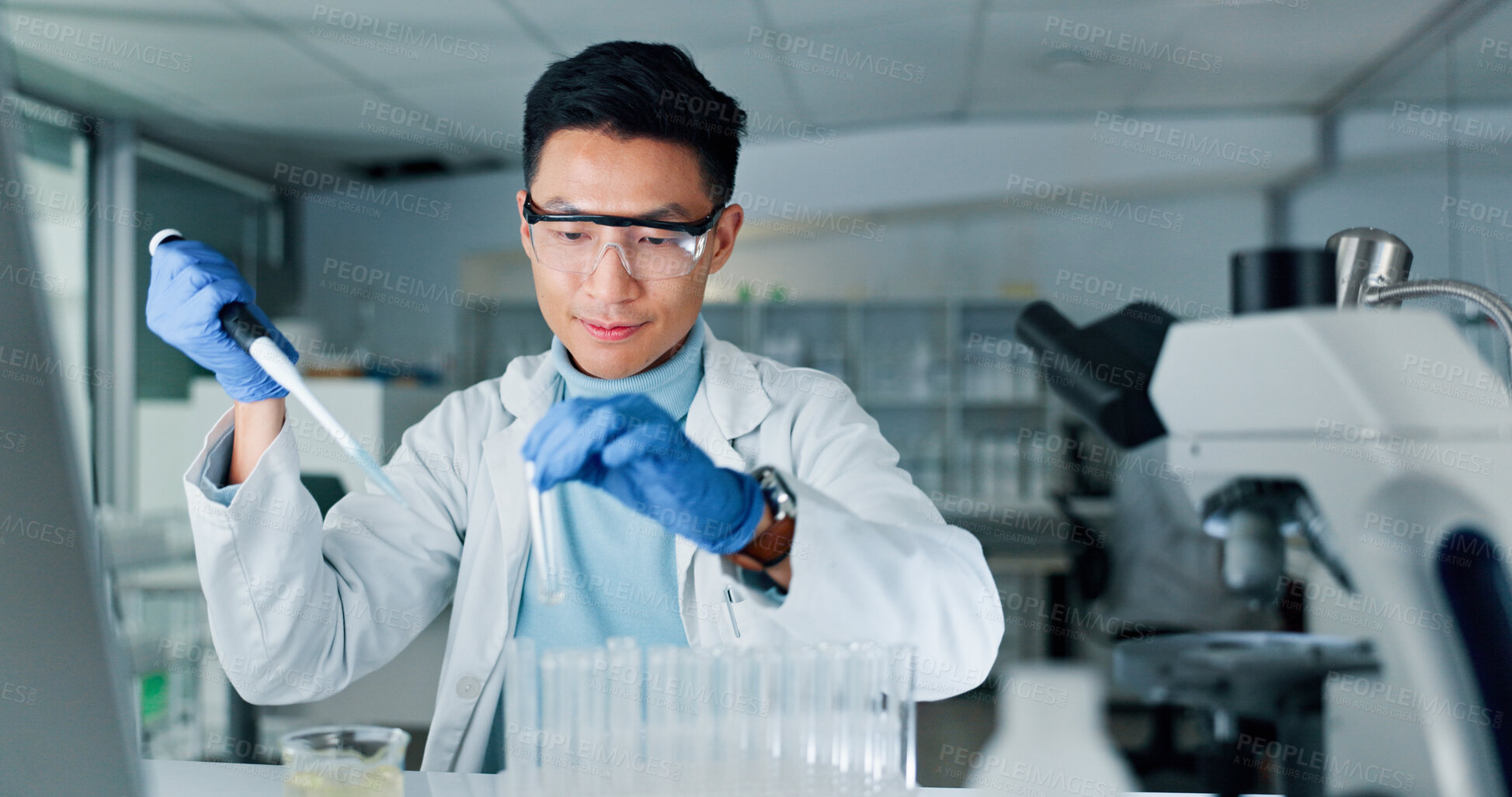 Buy stock photo Experiment, scientist and man with pipette, lab and equipment for biotechnology and pharmaceutical. Healthcare, medical professional and person with test tube for breakthrough or genetic engineering