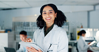 Buy stock photo Science, lab and portrait of woman with tablet for internet, website and online results for medical research. Healthcare, biotechnology and scientist for vaccine, medicine development and discovery