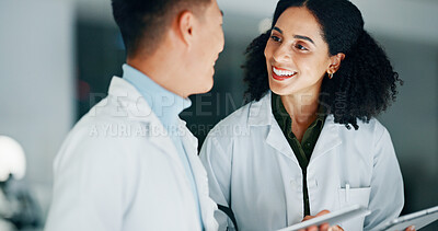 Buy stock photo Tablet, discovery and scientists in laboratory at night for medical research with pharmaceutical discussion. Meeting, digital technology and science team with online report for healthcare innovation.