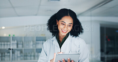Buy stock photo Research, medical and woman in lab, tablet and internet with experiment results. Person, scientist and expert in workplace, tech and email with dna report, smile and digital app with connection