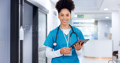 Buy stock photo Nurse, tablet and portrait of happy woman in hospital for medical career, telehealth or medicine. African surgeon, technology or healthcare worker on internet for communication, wellness or research