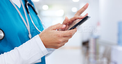 Buy stock photo Nurse, hands and woman with phone for healthcare, report and check records for telehealth. Mobile, communication and medical worker on internet for wellness email, scroll and research in hospital