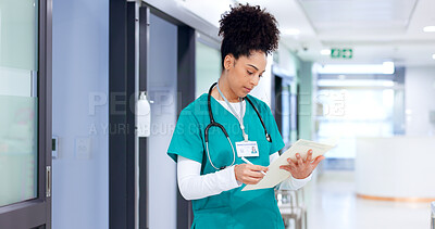 Buy stock photo Healthcare, woman and nurse with document for reading, patient information and medical records. Clinic, female person and surgeon with paperwork for diagnosis results, review and report for treatment