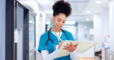 Buy stock photo Healthcare, woman and nurse with document for writing, patient information and medical records. Clinic, female person and surgeon with paperwork for diagnosis notes, review and report for treatment