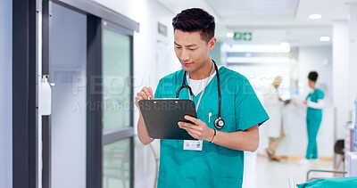 Buy stock photo Nurse, writing and man with clipboard in hospital for medical report and check records. Checklist, reading and happy healthcare professional with schedule, research and test results for diagnosis
