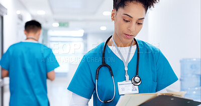 Buy stock photo Nurse, woman and checking documents at hospital for patient healthcare chart, medical report and folder record. Medicine, surgeon and paperwork for health insurance, reading results or treatment plan