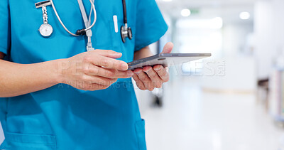Buy stock photo Nurse, hands and person on tablet for online healthcare, report and check telehealth records. Technology, internet and medical worker research info on app, schedule and patient feedback in hospital