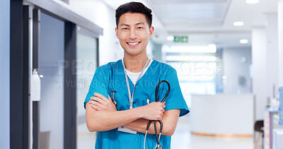 Buy stock photo Nurse, asian man and portrait with arms crossed at hospital for medical service, healthcare and career confidence. Medicine, doctor and happy for medicare, professional support and health treatment