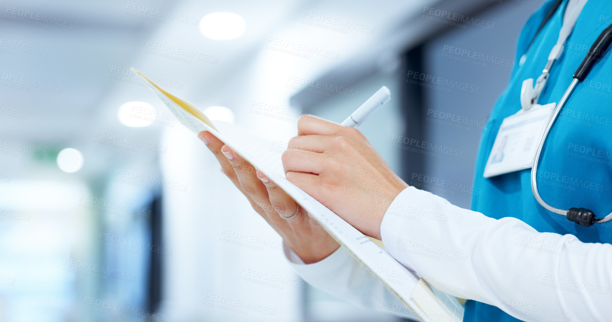 Buy stock photo Insurance, medical and writing with hands of nurse closeup in hospital for records or report. Cardiology, file and notes with healthcare professional in hallway of clinic for diagnosis or treatment