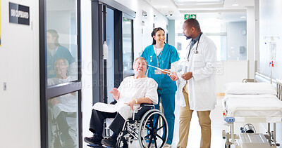 Buy stock photo Doctor, nurse and person with disability in wheelchair for checkup, recovery or treatment. Healthcare, medical or rehabilitation with medicine professional and patient in hospital for consulting