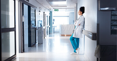 Buy stock photo Stress, woman or doctor in hallway, arms crossed or bad news with depression, burnout or sad. Person, medical challenge or professional in lobby, doubt or pressure with failure in emergency service