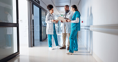 Buy stock photo Healthcare, doctors and folder in hospital for meeting, diagnosis feedback and patient chart for opinion. People, medical team and tablet in clinic for information, service brainstorming treatment