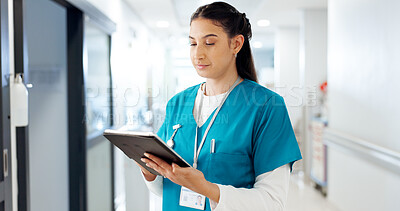 Buy stock photo Reading, woman and nurse with tablet in healthcare, patient information and medical research. Hospital, female person and surgeon with tech for diagnosis results, telehealth and report for treatment
