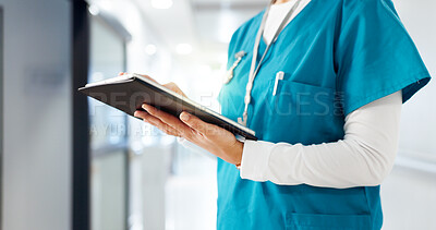 Buy stock photo Clinic, tablet and hands of doctor in hospital for telehealth, medical service and research. Healthcare, wellness and person on digital tech for online diagnosis, surgery report and patient results