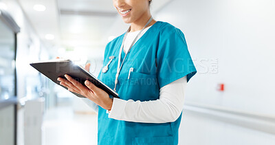 Buy stock photo Hospital, nurse and hands of woman with tablet for online consulting, medical service and diagnosis. Healthcare, wellness and person on digital tech for planning schedule, appointment and insurance