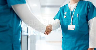 Buy stock photo Handshake, medical and welcome with nurses in hospital for agreement, deal or partnership closeup. Collaboration, meeting and thank you with healthcare people shaking hands in hallway of clinic