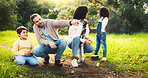 Bonding, hiking and portrait with family in nature together for child development, discovery or growth. Adventure, explore or journey with mother, father and kids outdoor in park for summer holiday