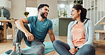 Exercise, love and smile with couple in living room of home for bonding, health or wellness together. Fitness, holistic or yoga with man and woman in apartment for balance, relationship or relax