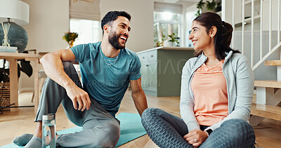 Buy stock photo Exercise, love and smile with couple in living room of home for bonding, health or wellness together. Fitness, holistic or yoga with man and woman in apartment for balance, relationship or relax