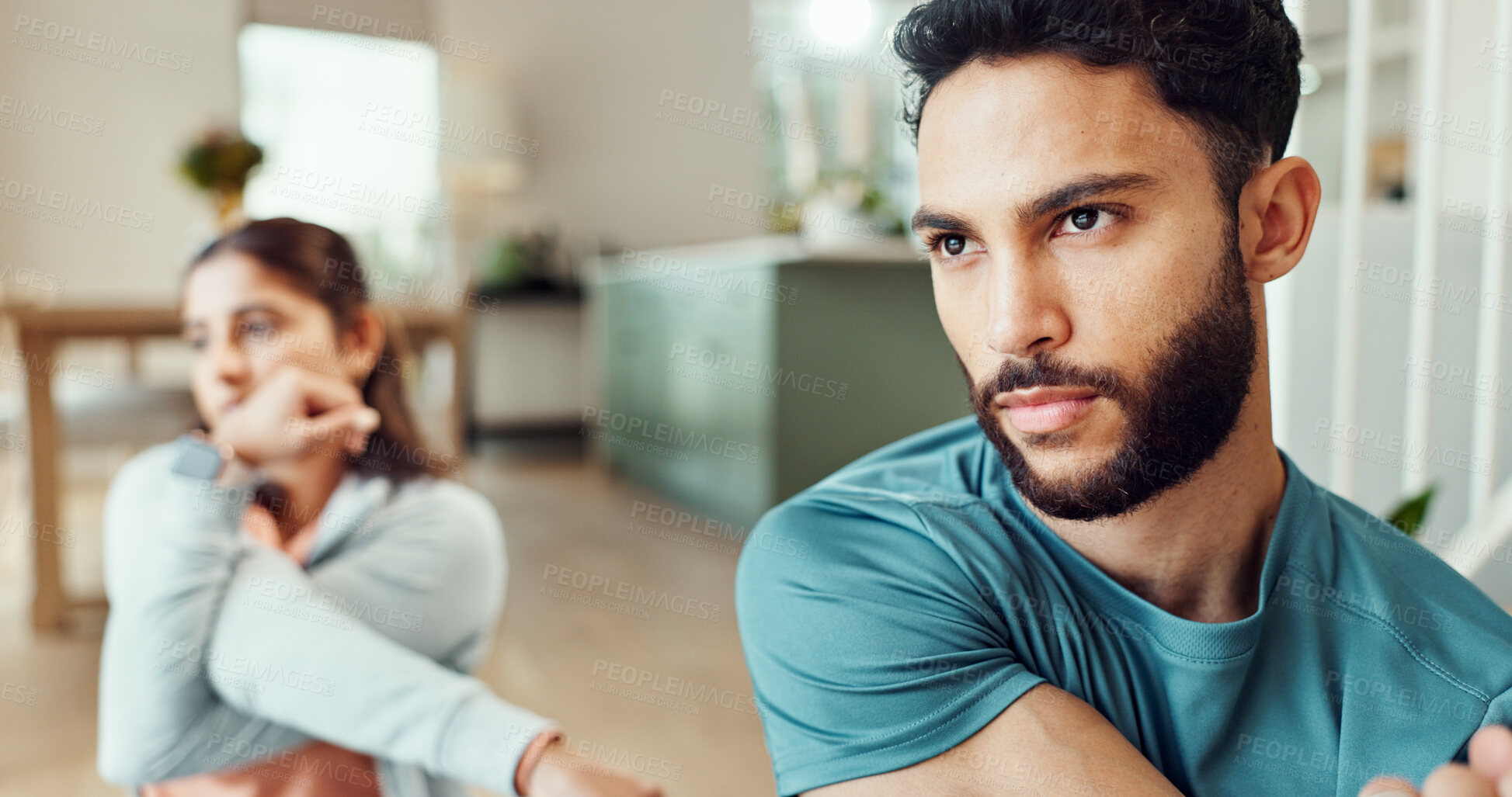 Buy stock photo Fitness, serious and stretching with couple in living room of home for bonding, health or wellness together. Concentration, exercise or warm up with man and woman getting ready for yoga in apartment