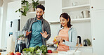 Home, blender and couple with conversation, smoothie and balance with health benefits, smile and breakfast. Meal prep, people and man with woman, nutrition and wellness with help, recipe and diet