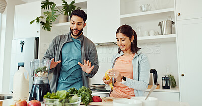 Buy stock photo Home, blender and couple with conversation, smoothie and balance with health benefits, smile and breakfast. Meal prep, people and man with woman, nutrition and wellness with help, recipe and diet