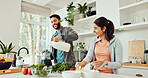Kitchen, blender and couple with vegetables for smoothie for health, wellness and vitamins. Home, morning and man and woman with shake, drink and recipe for nutrition, organic diet and benefits