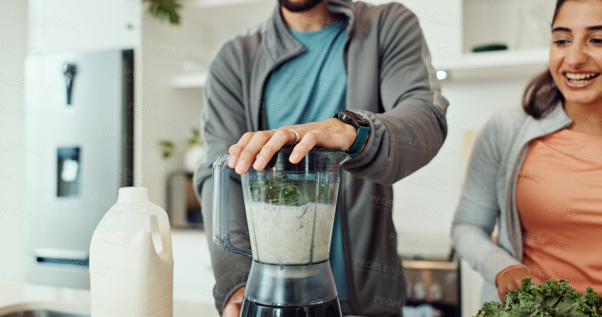 Buy stock photo Hands, blender and couple in kitchen, smooth and balance with health benefits, diet and bonding together. Wellness, people and man with woman, nutrition and smile with breakfast, home and machine 