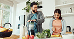 Home, blender and couple with smoothie, vegetables and balance with gut health, smile and bonding together. Kitchen, people and man with woman, nutrition and wellness with detox, breakfast and diet