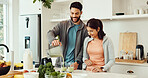 Kitchen, blender and couple with smoothie in morning for health, wellness and vitamins. Home, happy and man and woman with shake, drink and recipe for nutrition, organic diet and detox benefits