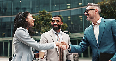 Buy stock photo Happy, business people or handshake in city for greeting, meeting or partnership in urban town. Shaking hands, smile or financial advisor with manager for B2B deal, introduction or recruitment offer