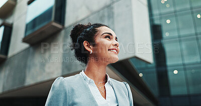 Buy stock photo Thinking, business and woman in city, smile and memory with ideas, thoughtful and wonder. Person, outdoor and entrepreneur in street, planning and positive attitude with nostalgia, choice or New York