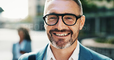 Buy stock photo Happy, city and portrait of business man with smile, confidence and pride for career opportunity. Professional, corporate and person with glasses for entrepreneur, investor and financial job in town