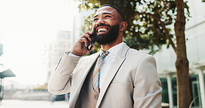 Buy stock photo City, businessman and laugh with phone call for communication, networking and lawyer for case update.Urban, smile and attorney with mobile for justice conversation, legal aid and feedback to contact