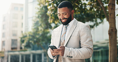 Buy stock photo Business, smile and man in city, cellphone and internet with social media, message to contact and chatting. Happy person, outdoor and employee with smartphone digital app and email with positive news