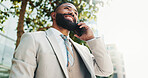 City, businessman and smile with phone call for communication, networking or lawyer for case update. Low angle, space or attorney with mobile for justice conversation, legal aid or feedback to client