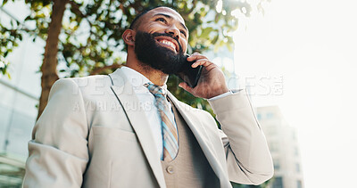Buy stock photo City, businessman and smile with phone call for communication, networking or lawyer for case update. Low angle, space or attorney with mobile for justice conversation, legal aid or feedback to client