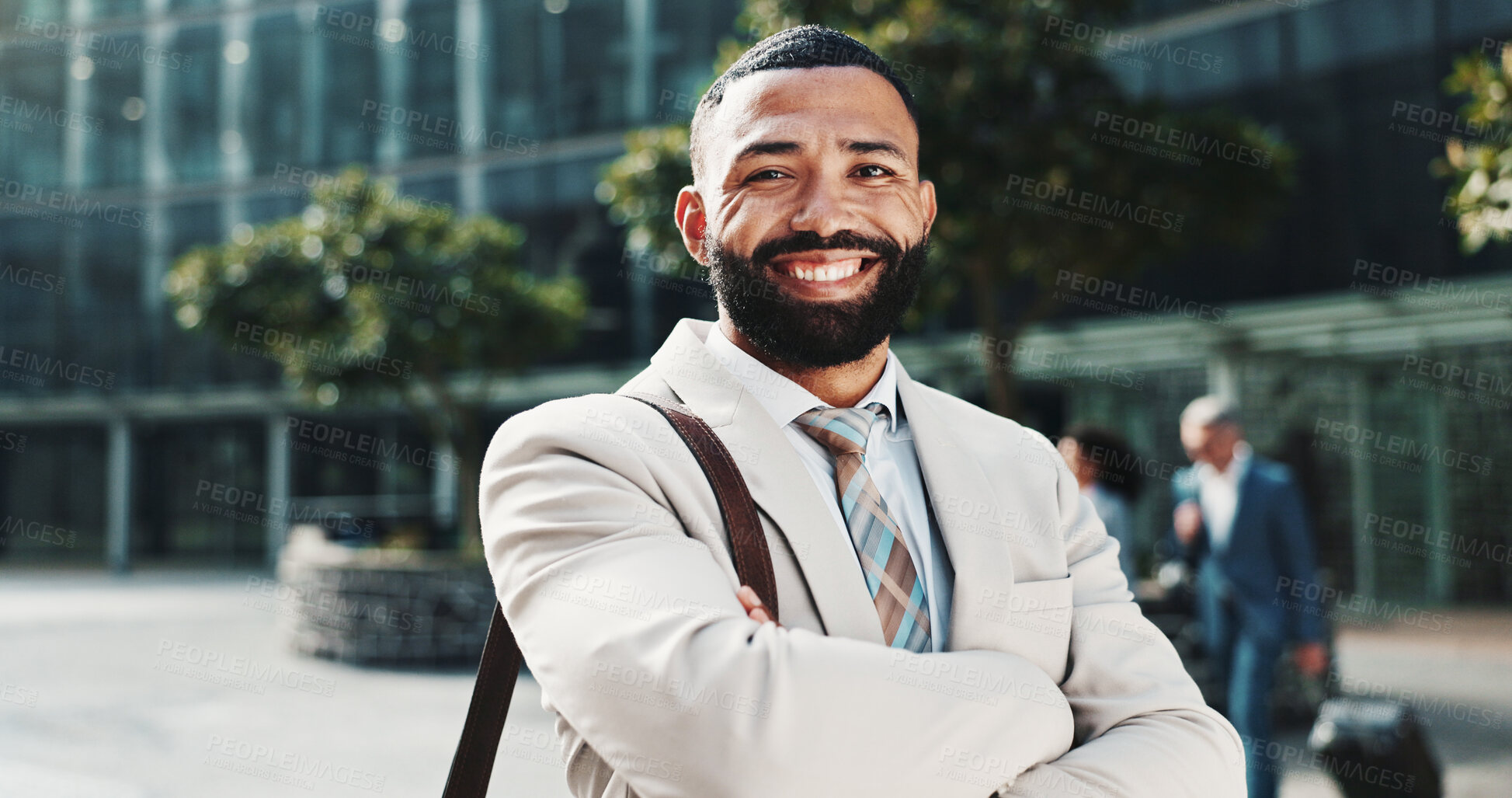 Buy stock photo Travel, portrait or businessman in city with arms crossed, confidence or finance opportunity in urban town. Smile, financial advisor or proud consultant in street for career, commute or appointment