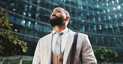 Buy stock photo Travel, thinking and man in city, below and ideas with choice, urban town and commute. Mature person, financial advisor and consultant in street, memory and planning with decision, wonder and metro