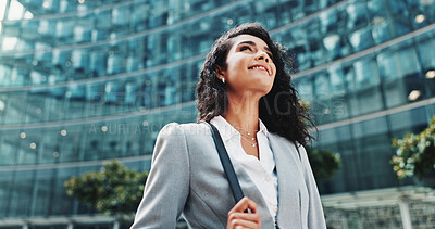 Buy stock photo Business, thinking and woman in city, below and travel with wonder, urban town and commute. Person, financial advisor and employee in street, idea and planning with decision, choice and contemplation