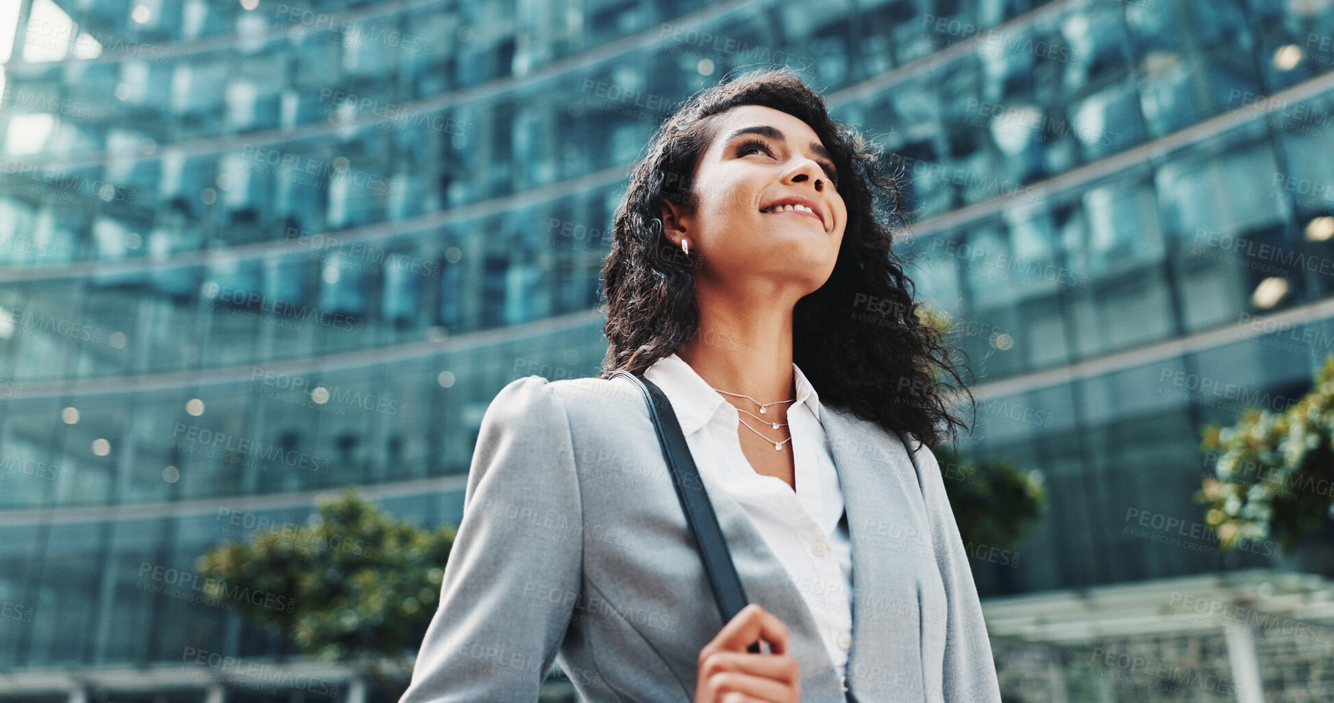 Buy stock photo Business, thinking and woman in city, below and travel with wonder, urban town and commute. Person, financial advisor and employee in street, idea and planning with decision, choice and contemplation